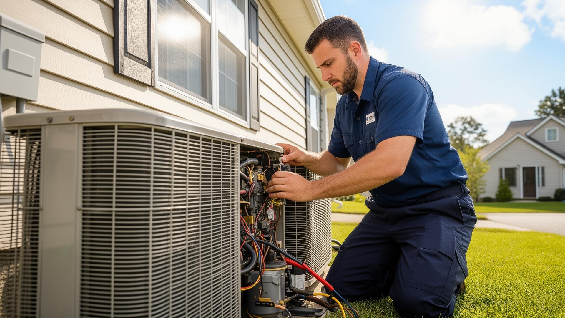 HVAC technician diagnosing an outdoor air conditioning unit